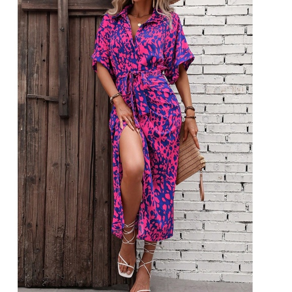 Leopard Print Button up Kimono Sleeve Shirt Dress - Picture 4 of 4